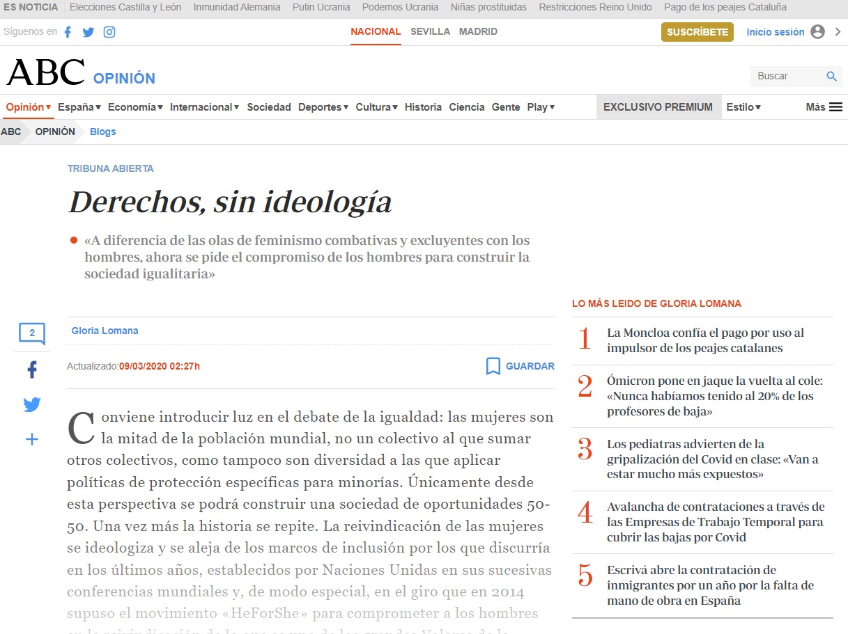 ABC - Derechos sin ideología - Sociedad igualitaria - Artículo - Gloria Lomana - Artículos de Gloria Lomana.jpeg