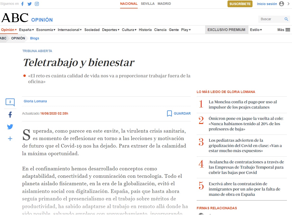 ABC - Teletrabajo y bienestar - COVID19 - Artículo - Gloria Lomana