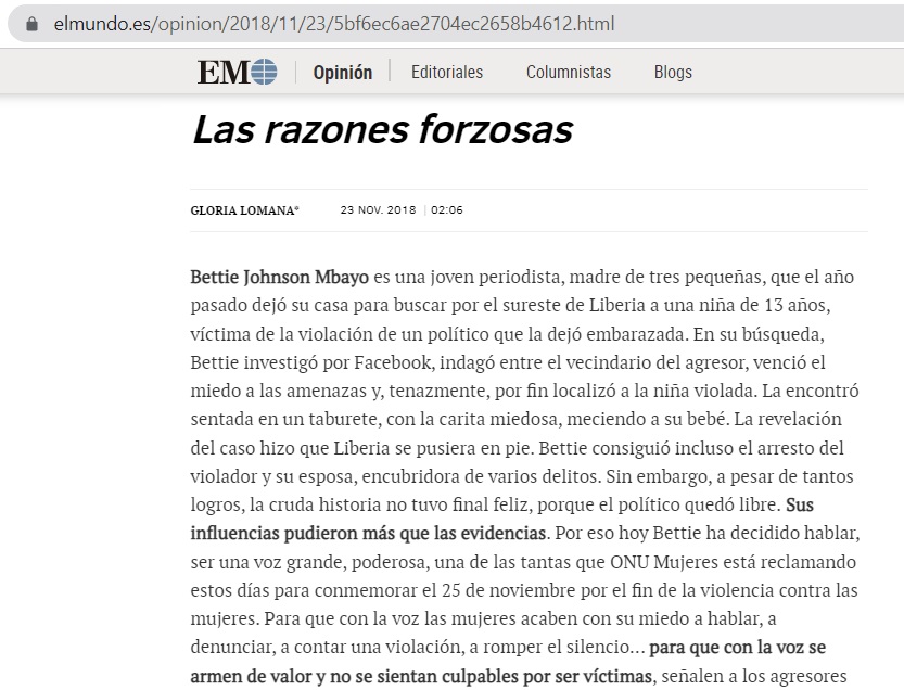 El Mundo - Gloria Lomana - Opinión - Bettie Johnson - Mbayo - Las Razones forzosas