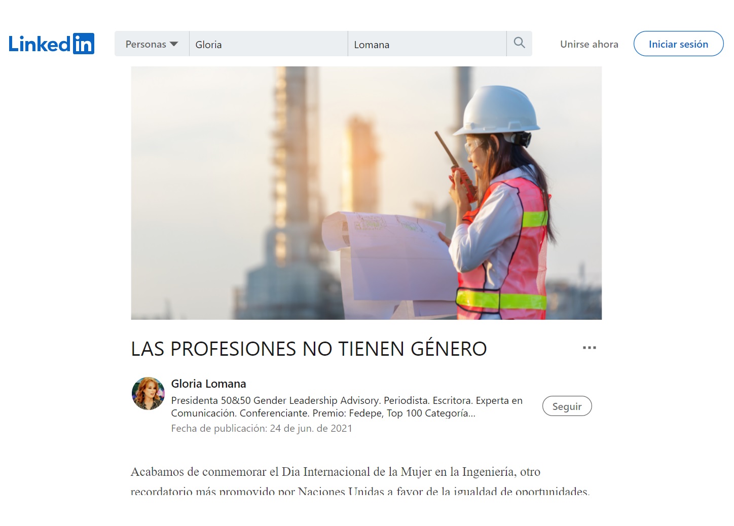 Gloria Lomana en LinkedIn - Las profesiones no tienen género - Presidenta 50&50 GL
