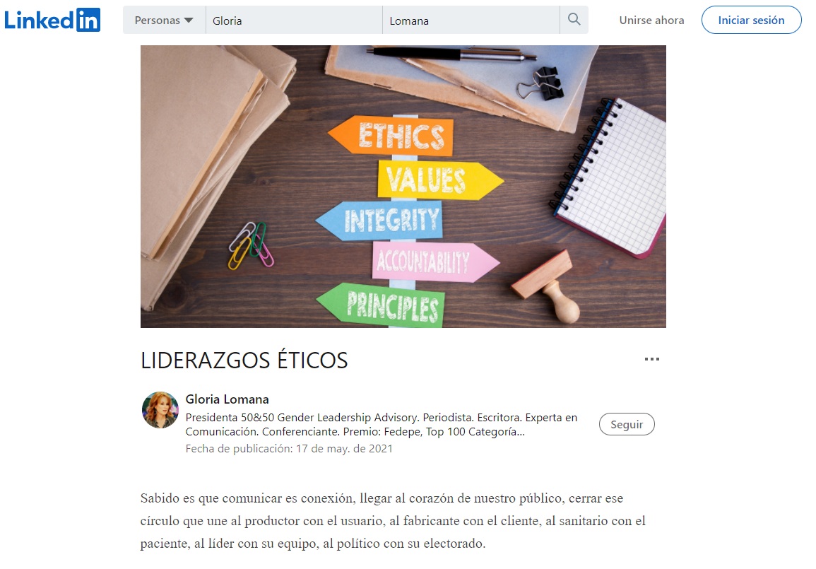 Liderazgos éticos - LinkedIn - Gloria Lomana - Presidenta 50&50 GL - Artículo en LinkedIn