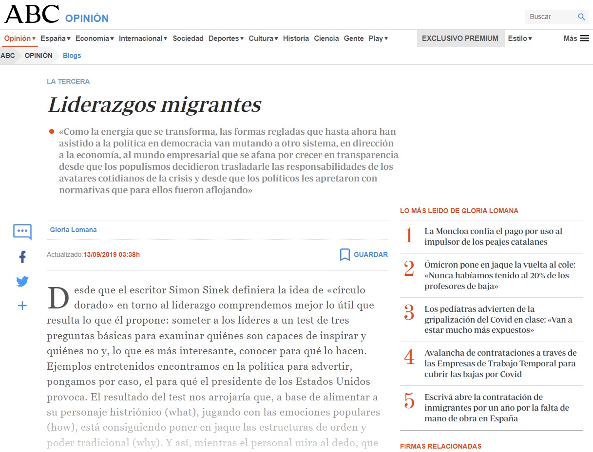 Liderazgos migrantes - De política a economía - Gloria Lomana en ABC - Círculo dorado
