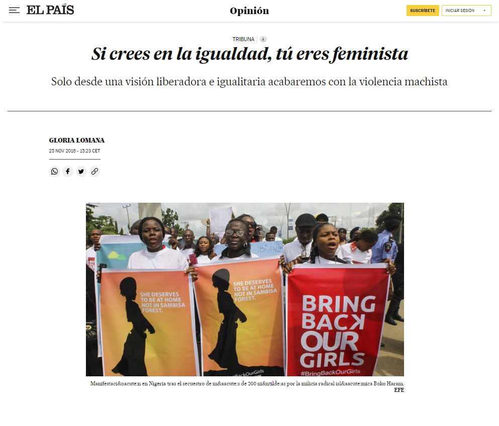 Si crees en la igualdad tú eres feminista - Artículo de Gloria Lomana para El País - Boko Haram - EFE