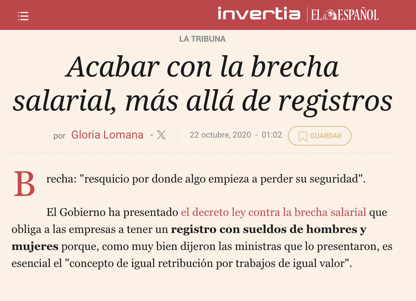 El Español acabar con la brecha salaria, más allá de los registros. Gloria Lomana